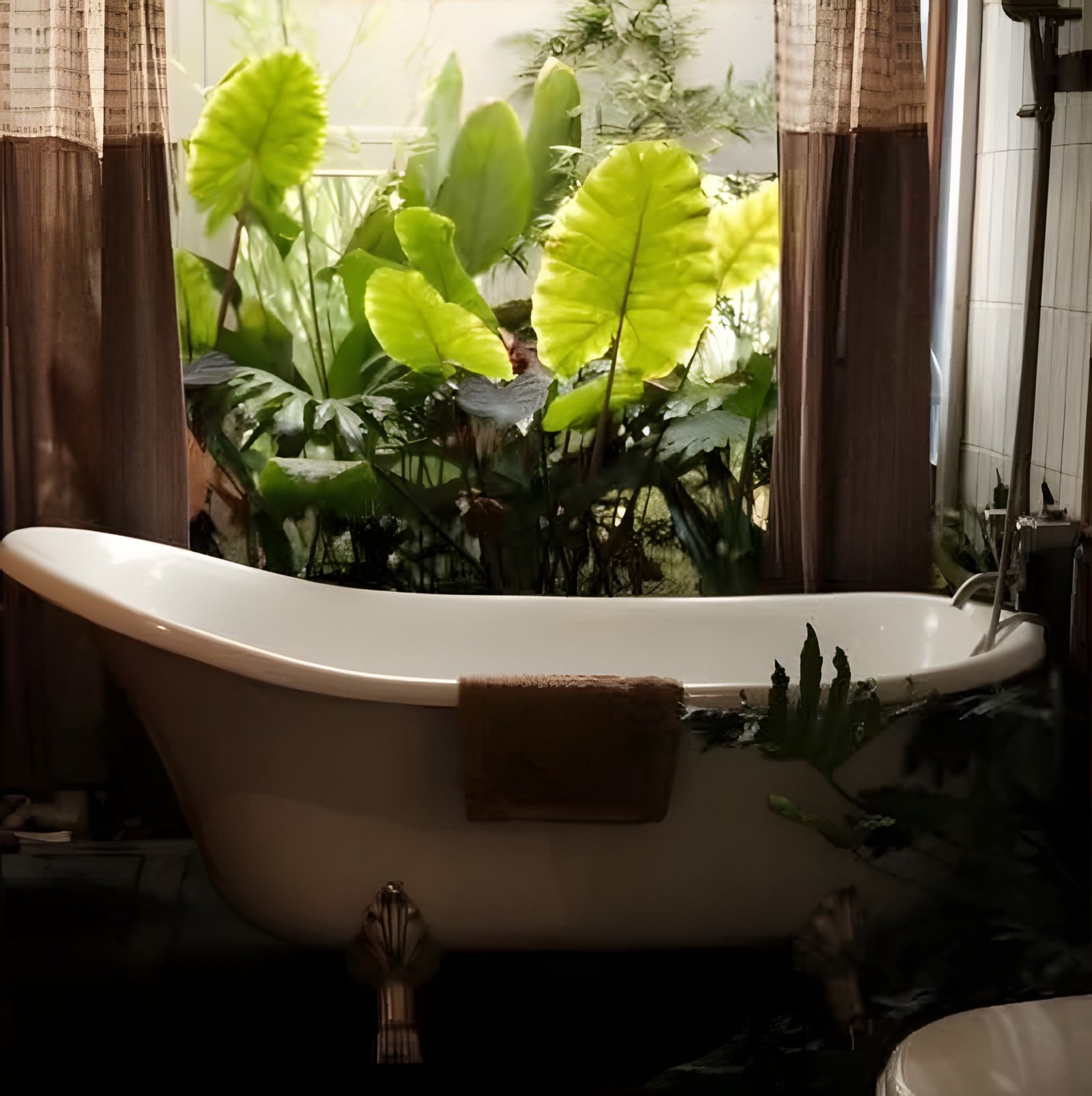 Bồn tắm chân cổ điển bên ô cửa đầy cây lá